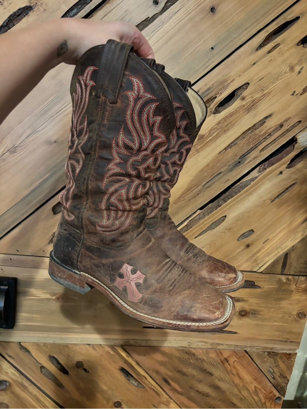 Tony Lama Brown Leather Western Cowgirl Boots with Pink Cross Accent